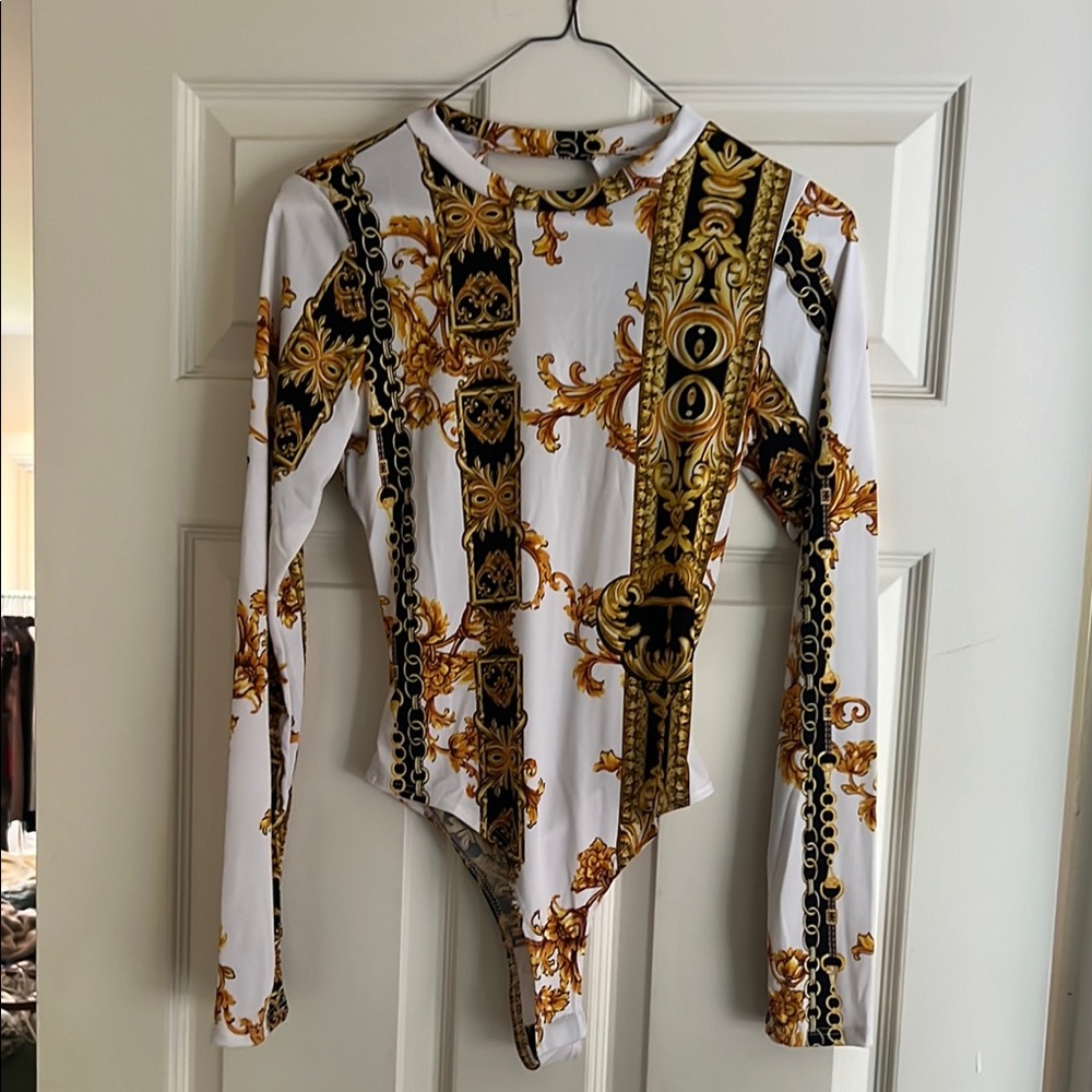 Backless White and Gold Long Sleeve Bodysuit
